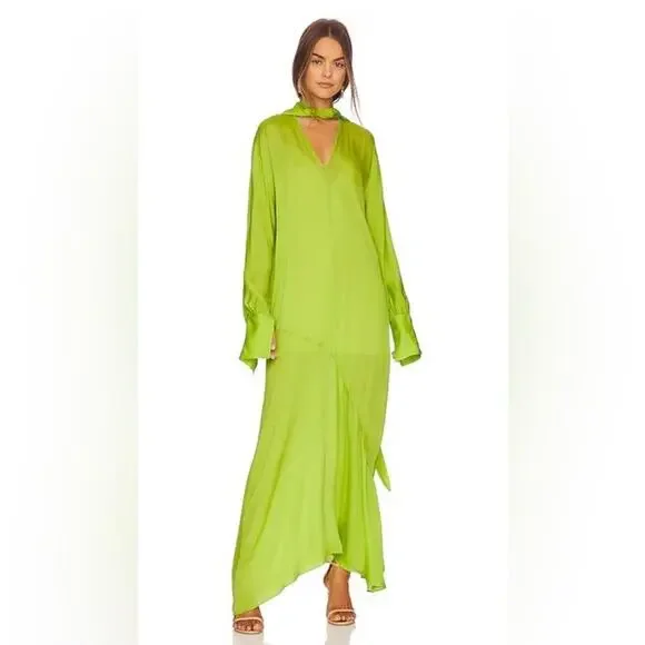 green emerald velvet dress 1960s Midge Grant Lime Green Maxi Dress